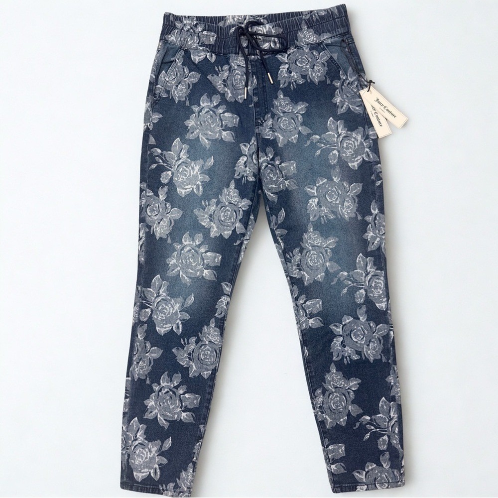 Juicy Couture Women Blue Floral Rose Print Denim Joggers‎ Pants Size 31 NWT